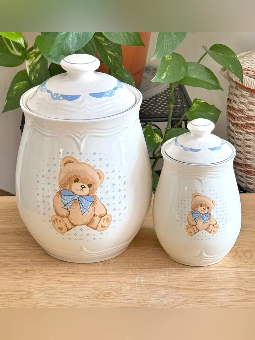 Tienshan Stoneware Vintage Country Bear Canister Set Small and Large Set of 2